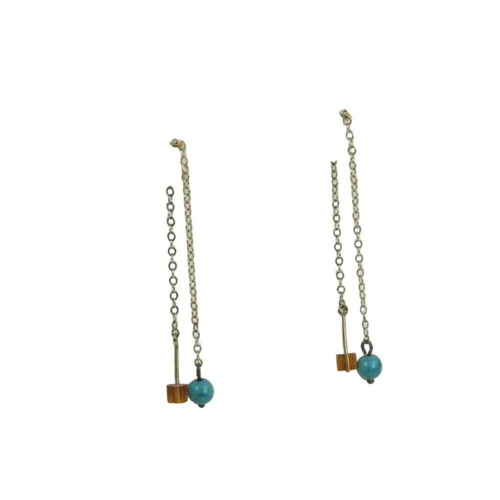 Double Sided Faux Turquoise Dangle Pierced Earrings Drop Chain 51846